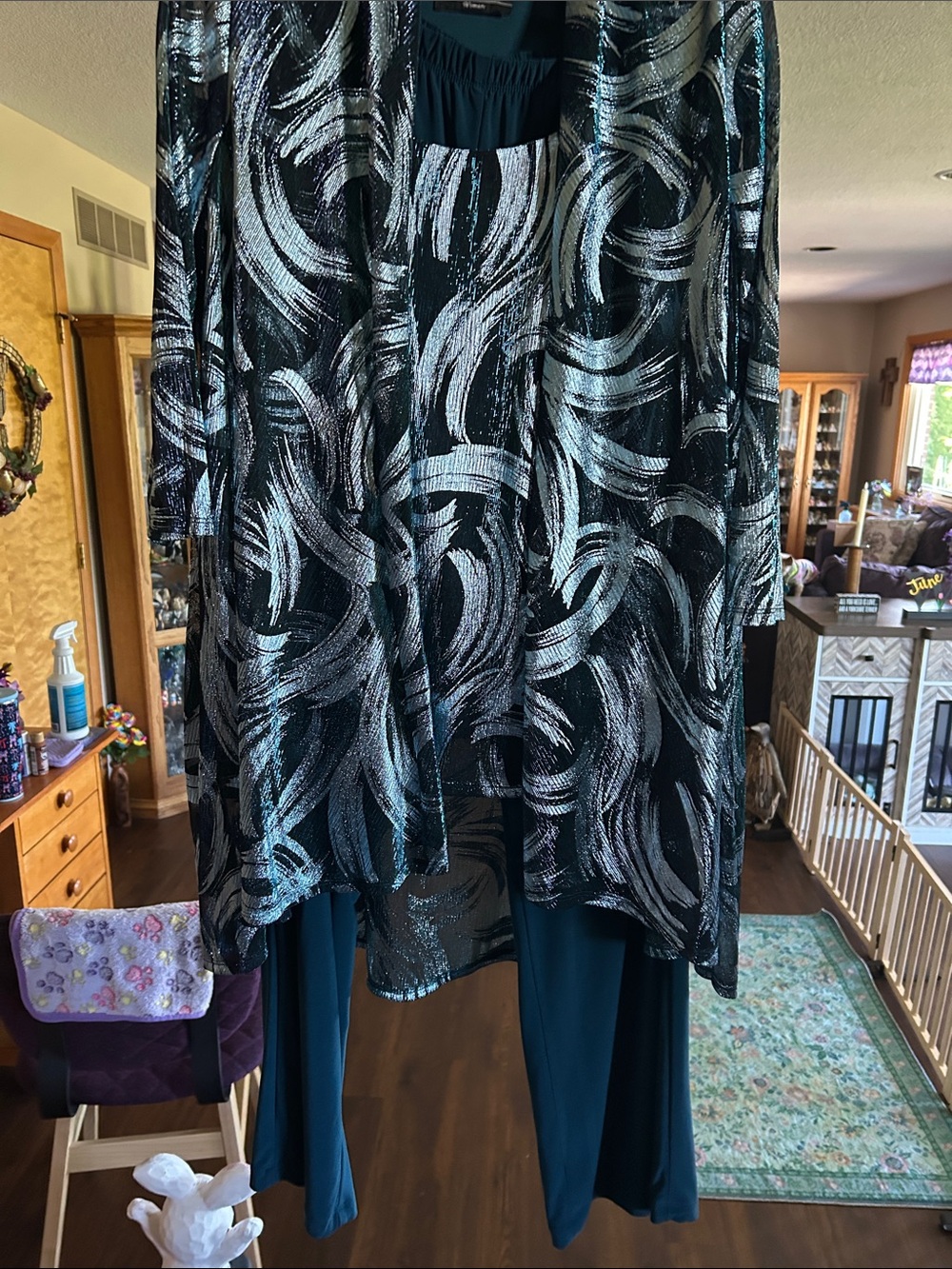 R & M Richards Black and Teal Metallic Brushstroke Pantsuit Ensemble